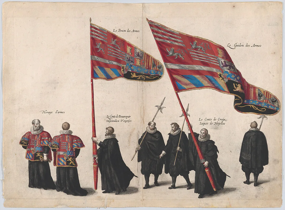 Plate 48: Men bearing arms and heraldic flags marching in the funeral procession of Archduke Albert of Austria; from 'Pompa Funebris ... Alberti Pii' — Jacques Francquart|Cornelis Galle I