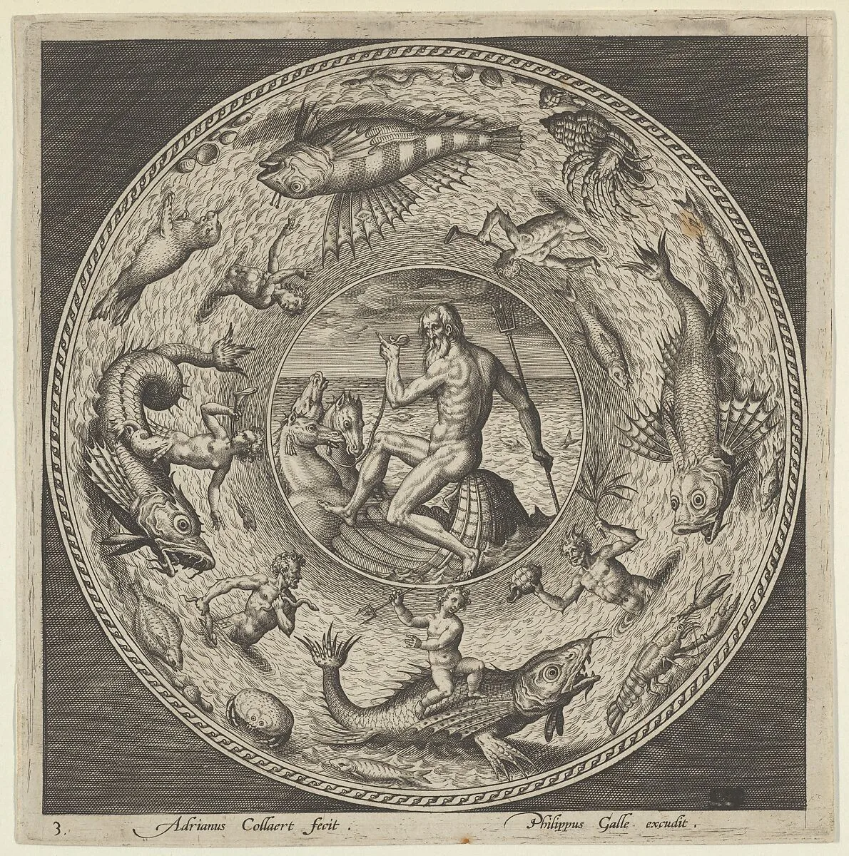Design for a Plate with Neptune in a Shell Drawn by Horses in a Medallion Bordered by Sea Monsters — Adriaen Collaert|Philips Galle