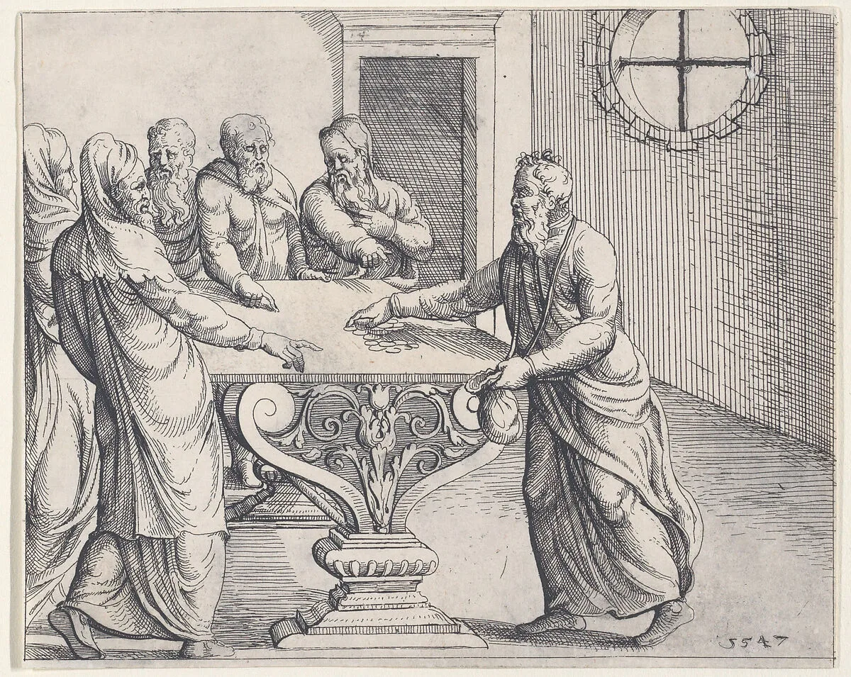 Judas Being Paid the 30 Pieces of Silver, from Old and New Testaments — Augustin Hirschvogel