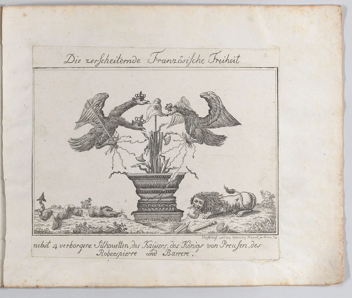 Allegory representing the freedom of France with four silhouettes — Paul François Jean Nicolas, Viscount of Barras|Frederick William II, King of Prussia|Maximilien-François-Marie-Isidore de Robespierre|Francis II, Holy Roman Emperor|Anonymous, German, 18th century