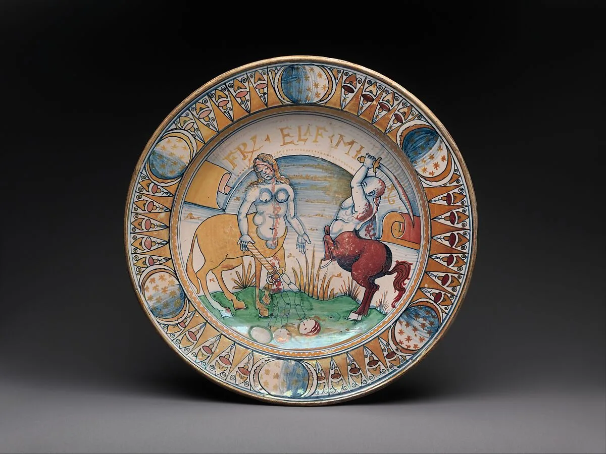 Dish with centaur and centauress battling — Unknown