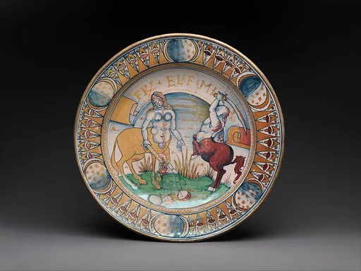 Dish with centaur and centauress battling