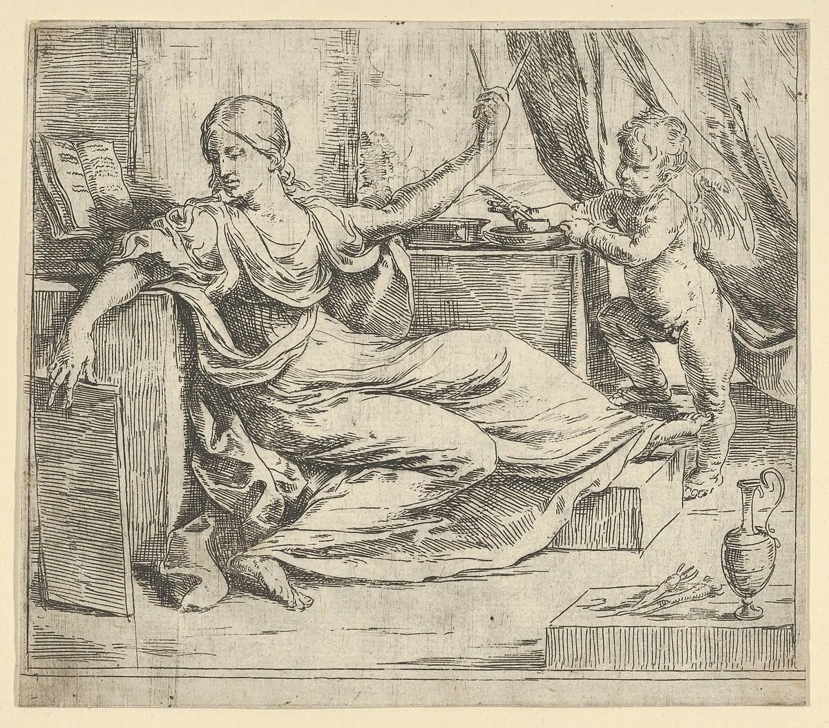 Seated woman holding a tablet and compass (allegory of learning), a winged putto at right — Guido Reni