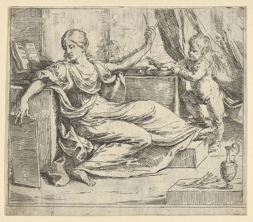 Seated woman holding a tablet and compass (allegory of learning), a winged putto at right
