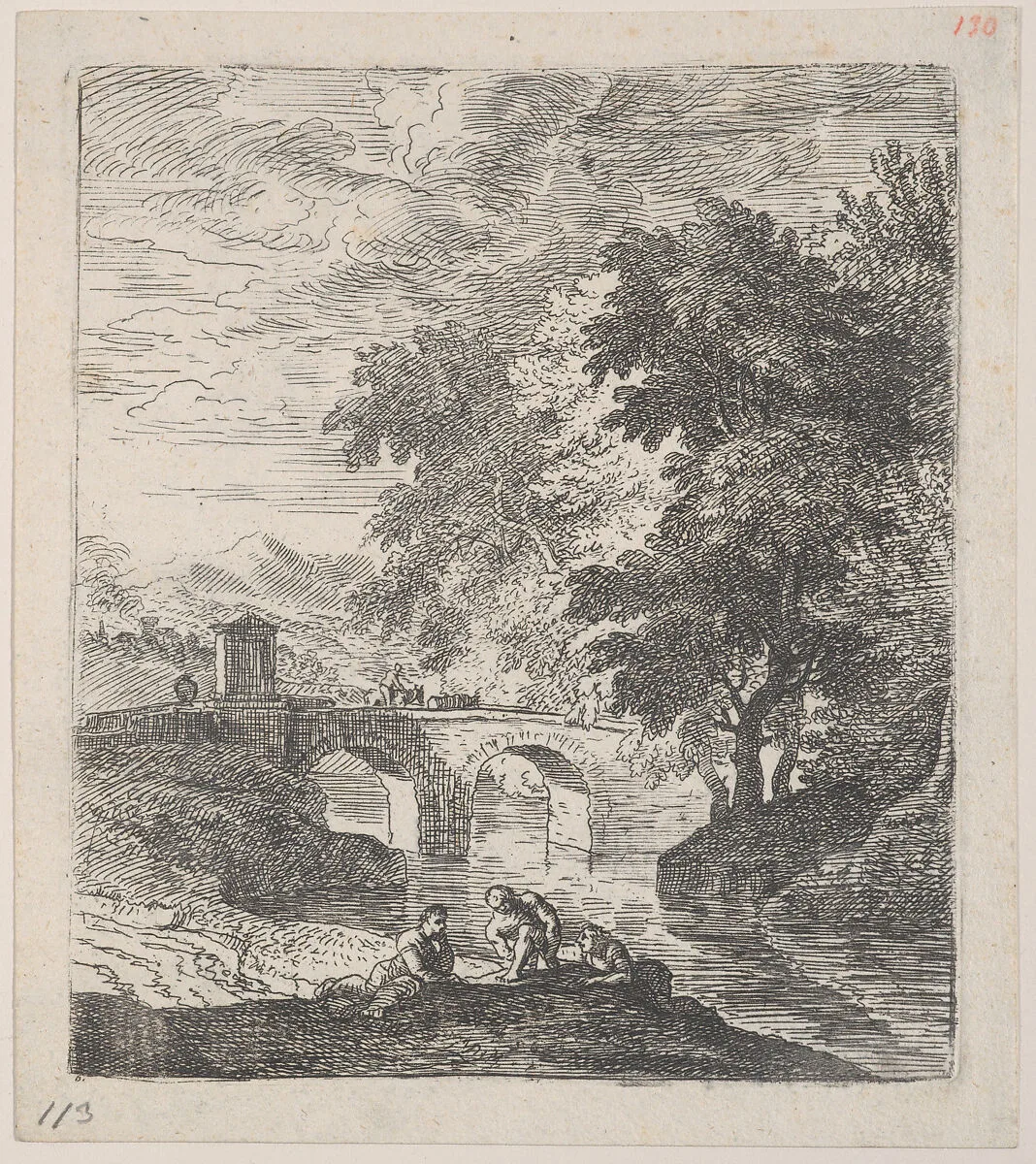 Plate 6: the stone bridge: a shepherd with two cows crossing the bridge, three male figures resting on the riverbank in the foreground, from 'Landscapes in the manner of Gaspar Dughet' — Franz Joachim Beich