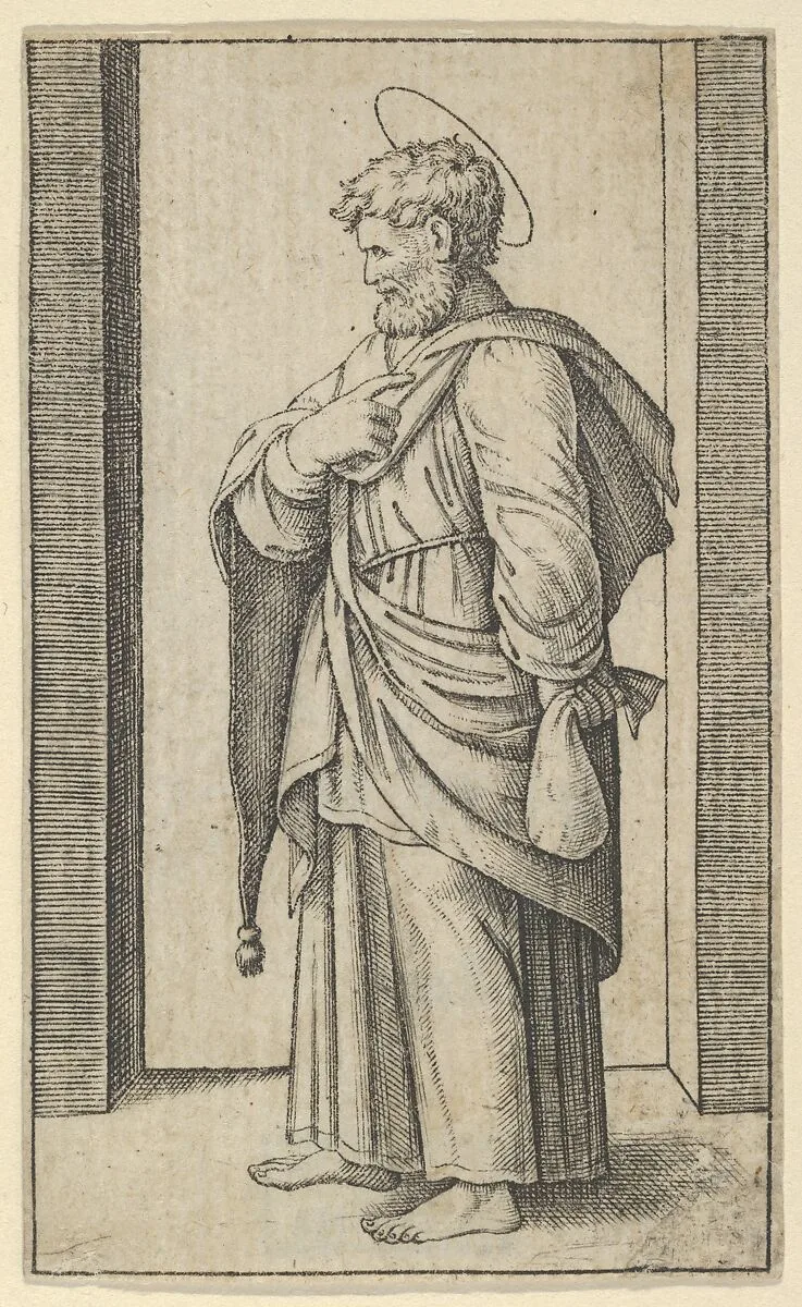 Saint Matthew, a small sack in his left hand, from "Piccoli Santi" (Small Saints) — Marcantonio Raimondi|Raphael (Raffaello Sanzio or Santi)
