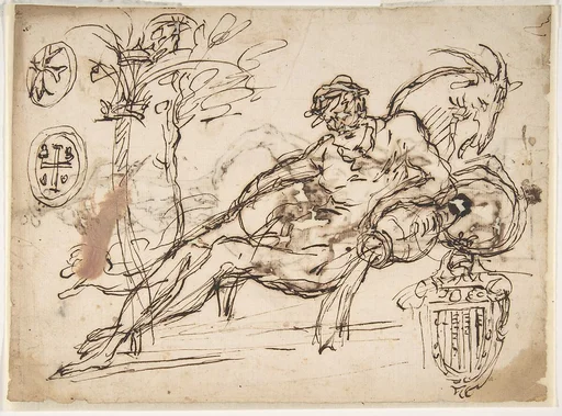Reclining River God, a Goat's Head, and Studies of Heraldic Emblems (recto); Cavalier Standing on a Globe Supported by a Kneeling Giant (verso)