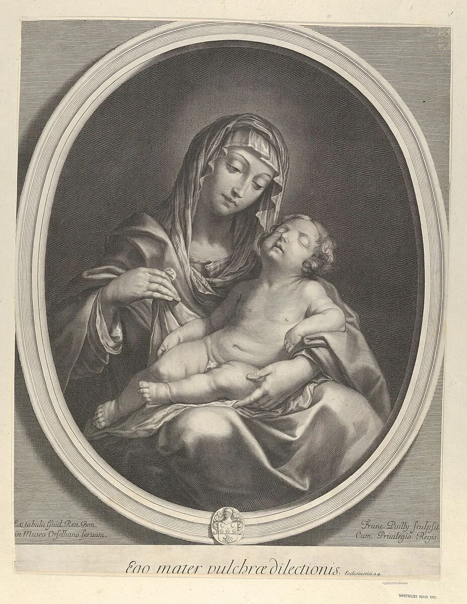 The Virgin seated with the infant Christ sleeping in her lap, in an oval frame, after Reni — Guido Reni|Francois de Poilly