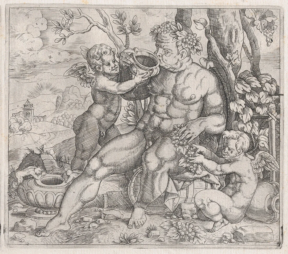 Speculum Romanae Magnificentiae: Bacchus, Seated, Drinking from a Vase Presented by a Putto — Giulio Bonasone|Anonymous