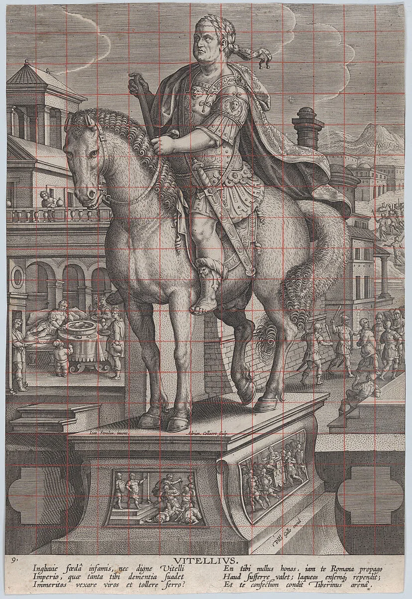 Plate 9: equestrian statue of Vitellius, seen three-quarters to the left, with his death scene in the background at right, his body being thrown into the Tiber at upper right, from 'Roman Emperors on Horseback' — Jan van der Straet, called Stradanus|Adriaen Collaert|Philips Galle
