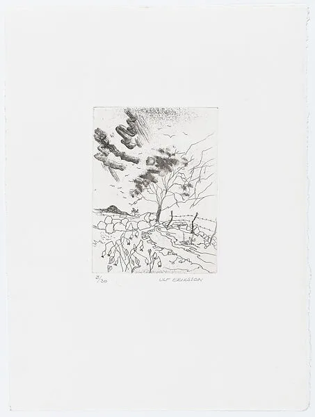 Landscape with a large bare tree, with plants in the foreground, from 'Pictures from my hand' (Bilder från min hand) — Ulf Eriksson|CBS Grafik