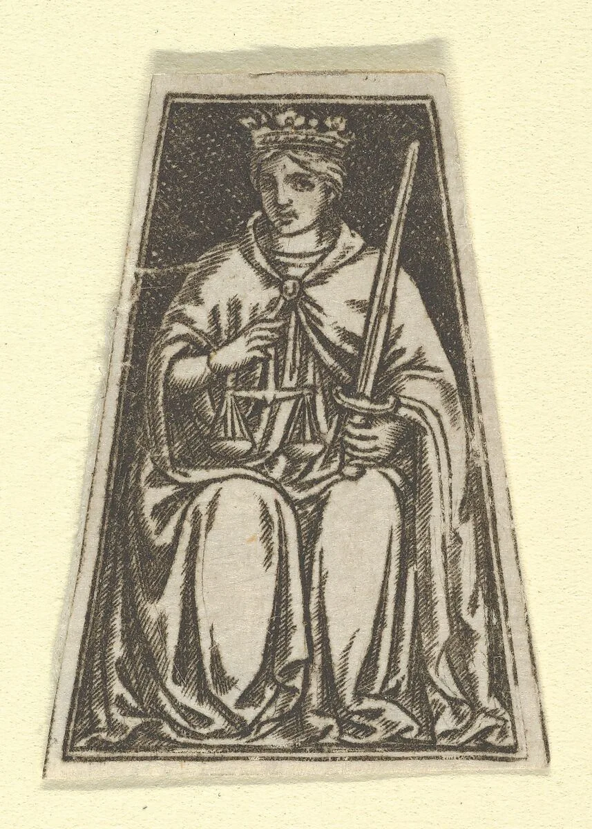 The cardinal virtue of Justice represented by a seated woman holding a pair of scales and a sword (possibly a modern impression) — Anonymous