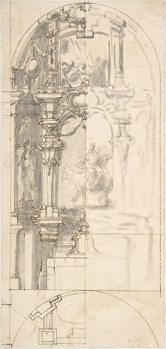 Design for a Chapel with Flight into Egypt as Altarpiece — Anonymous, Spanish, 17th century