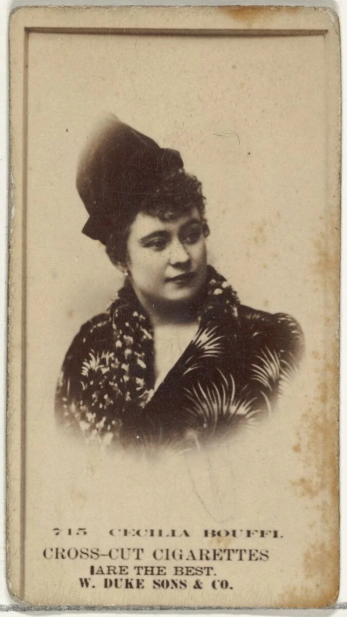 Card Number 715, Cecilia Bouffi, from the Actors and Actresses series (N145-3) issued by Duke Sons & Co. to promote Cross Cut Cigarettes — W. Duke, Sons & Co.