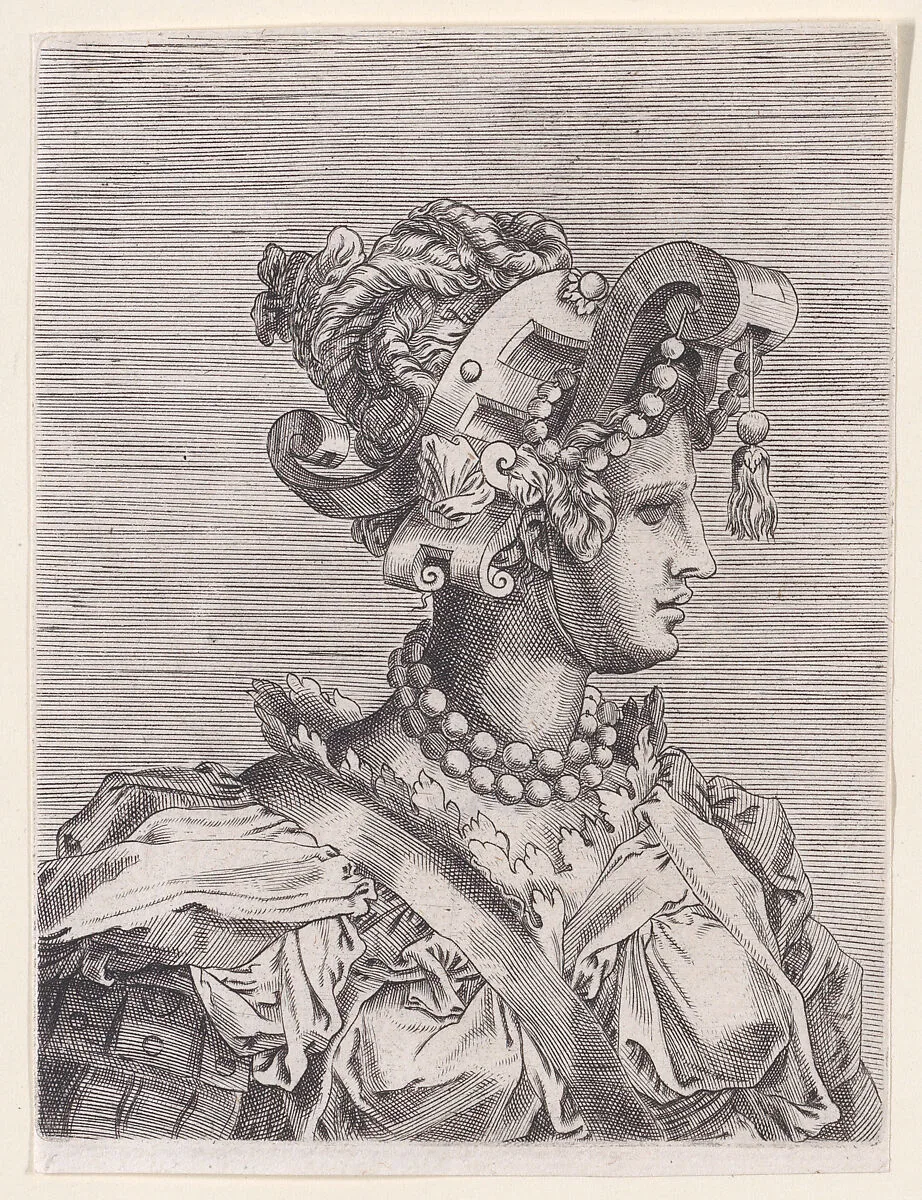 Bust of a Woman Wearing a Fantastic Head-dress and Mask — René Boyvin|Rosso Fiorentino