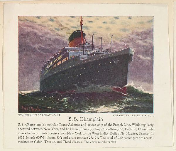 S. S. Champlain, No.11, collector card from the Wonder Ships of Today series (D90), issued by the Kelley Baking Company — Kelley Baking Company