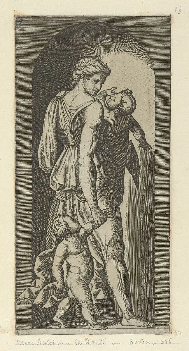 Charity personified by a woman with two childen, from 'The Virtues' — Marcantonio Raimondi|Raphael (Raffaello Sanzio or Santi)