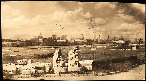 [Abandoned Sculptural Fragments in Lot, Site of 1933 Century of Progress Exposition, for Fortune Portfolio: "Chicago: A Camera Exploration"]