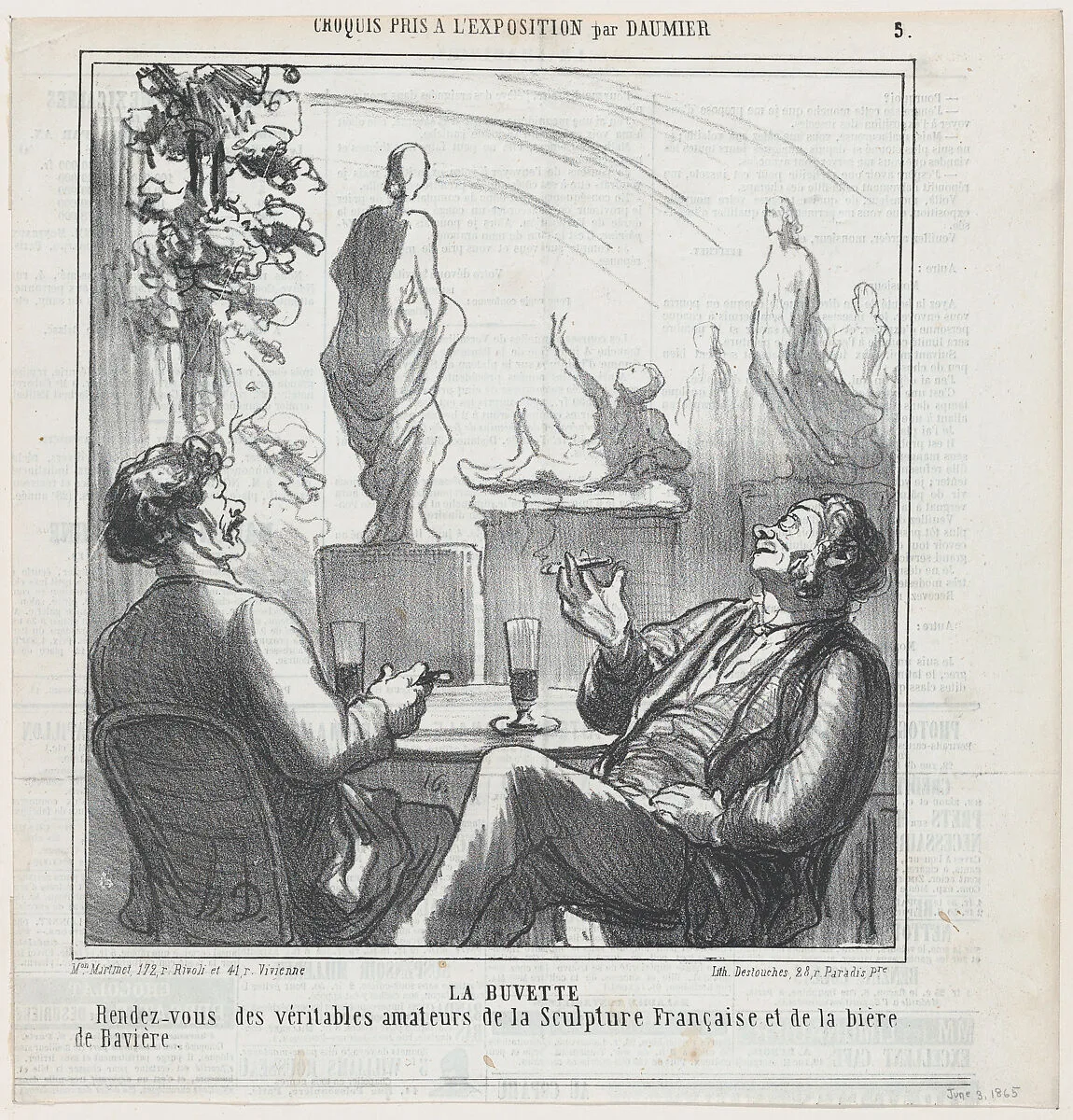 At the bar, meeting point for the true lovers of French sculpture and Bavarian beer, from 'Exhibition sketches,' published in Le Charivari, June 3, 1865 — Aaron Martinet|Honoré Daumier|Destouches