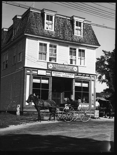 [Horse-Drawn Carriage in Front of General Store and Post Office, Plainfield, New Hampshire]