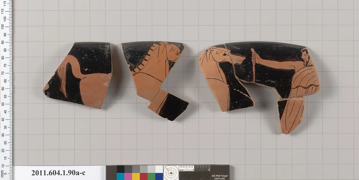 Terracotta rim fragments of a kylix (drinking cup) — Painter of London D 12