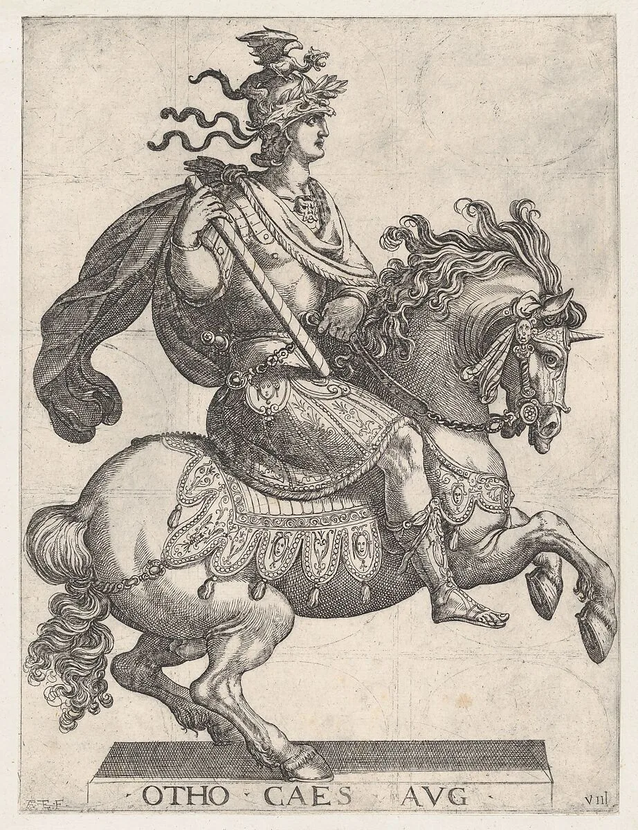 Plate 8: Emperor Otho on Horseback, from 'The First Twelve Roman Caesars' — Antonio Tempesta|Giovanni Battista di Lazzaro Panzera da Parma