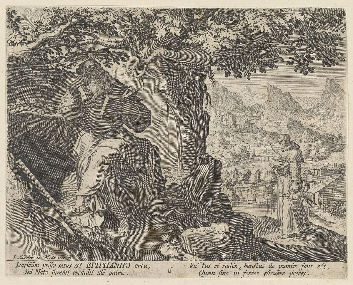 Epiphanius, from the series Sylvae Sacrae Monumenta...Anachoretarum — Maerten de Vos|Johann Sadeler I