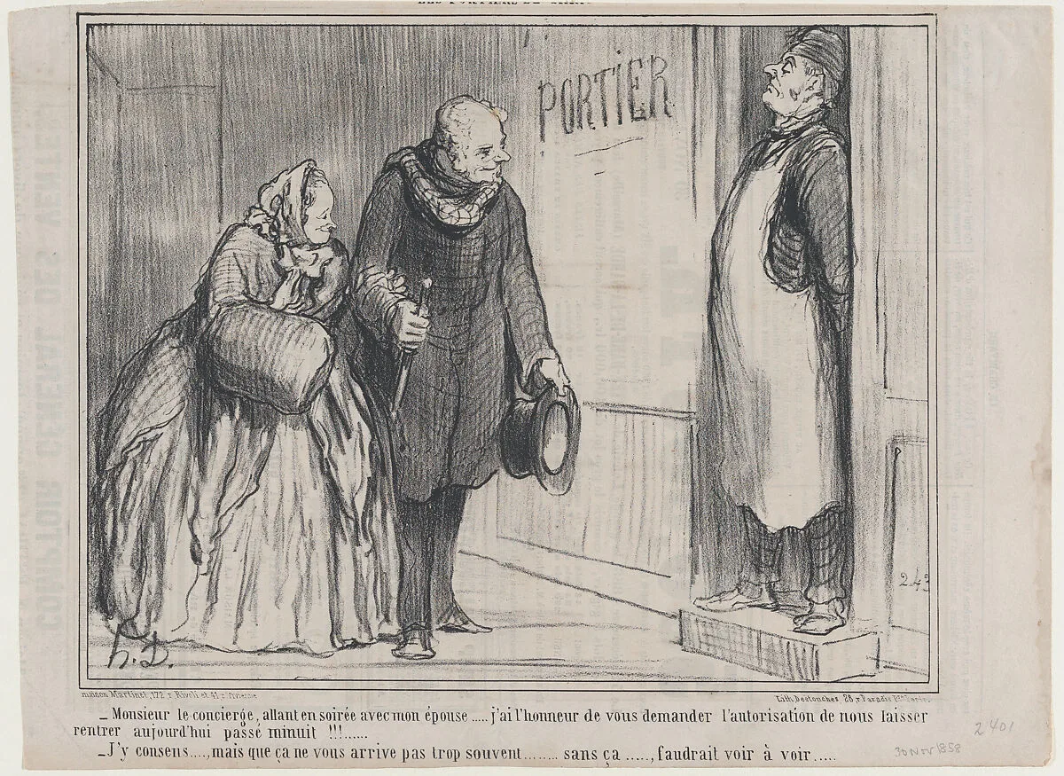 Monsieur le concierge, allant en soirée avec mon épouse..., from Les Portiers de Paris, published in Le Charivari, November 30, 1858 — Aaron Martinet|Honoré Daumier|Destouches