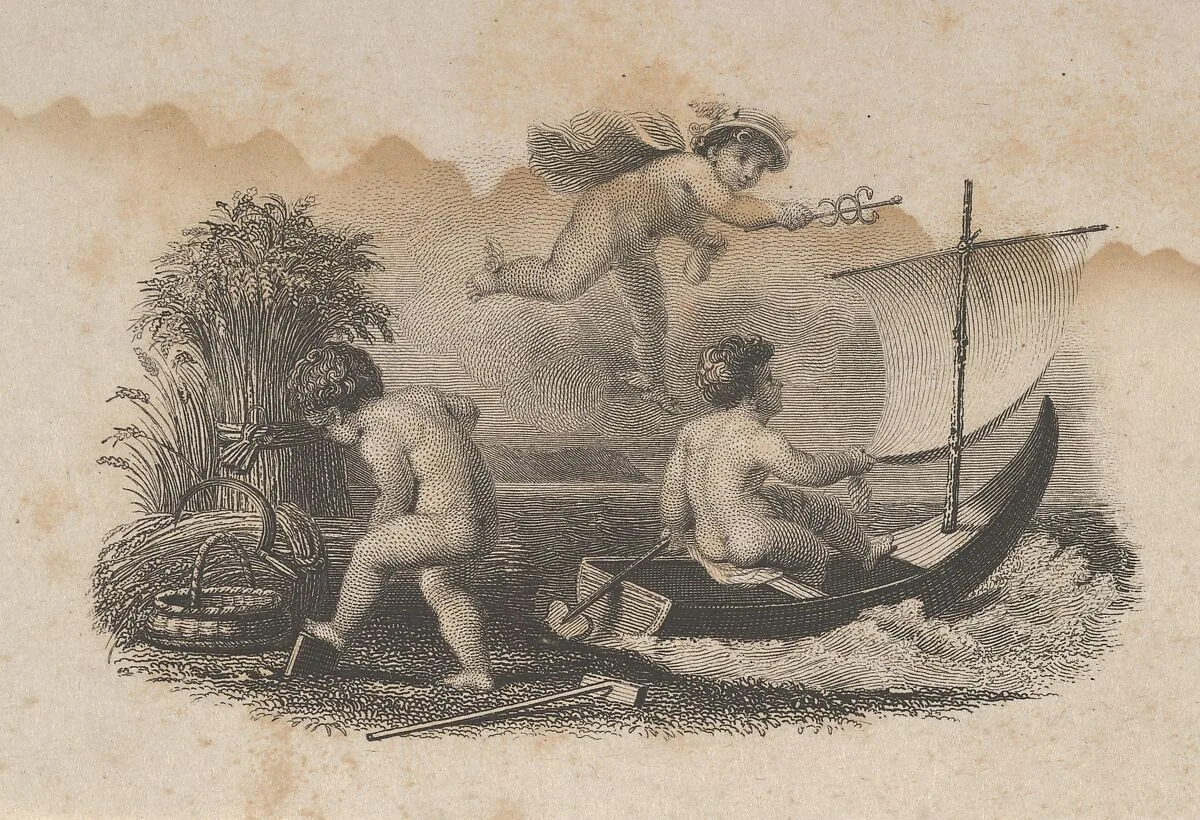 Banknote vignette with three putti symbolizing trade and agriculture — Asher Brown Durand|A. B. & C. Durand & Company|Durand, Perkins, and Company