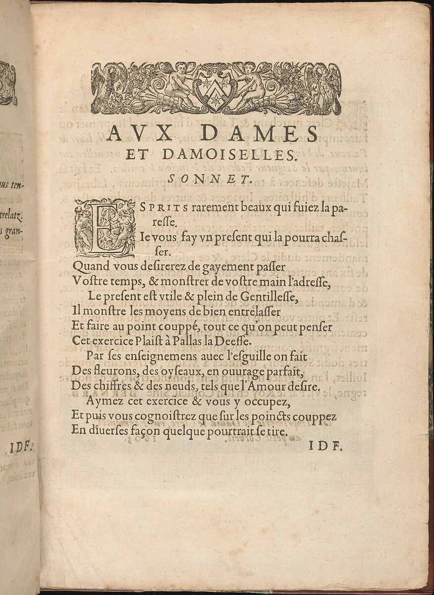 Les Secondes Oeuvres, et Subtiles Inventions De Lingerie du Seigneur Federic de Vinciolo Venitien, page 4 (recto) — Federico de Vinciolo|Jean Le Clerc|Catherine de Bourbon