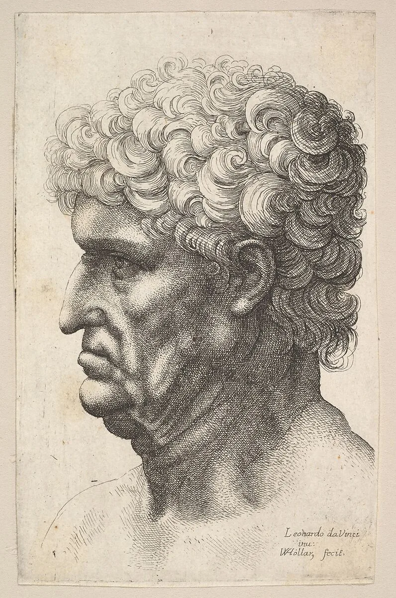 Head of a man with thick curly hair in profile to the left — Leonardo da Vinci|Wenceslaus Hollar