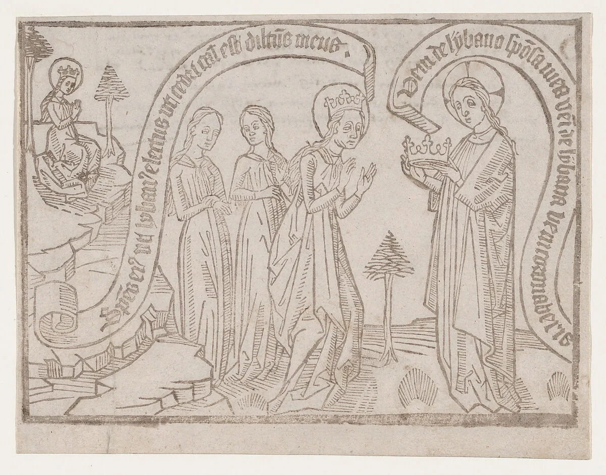 The Bridegroom Offering a Crown to the Bride from a Canticum Canticorum blockbook, 2nd edition — Anonymous, Netherlandish, 15th century