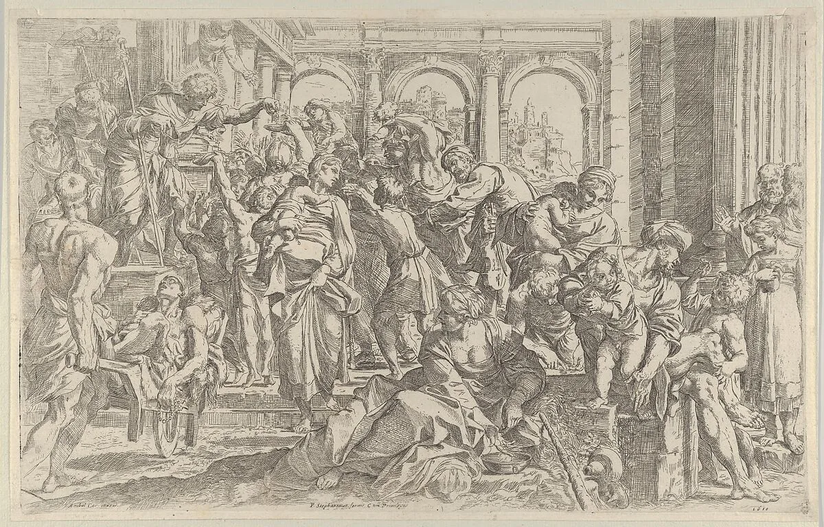 Saint Roch at left distributing alms to a group of people gathered around him, after Annibale Caracci — Francesco Brizio|Guido Reni|Pietro Stefanoni|Annibale Carracci
