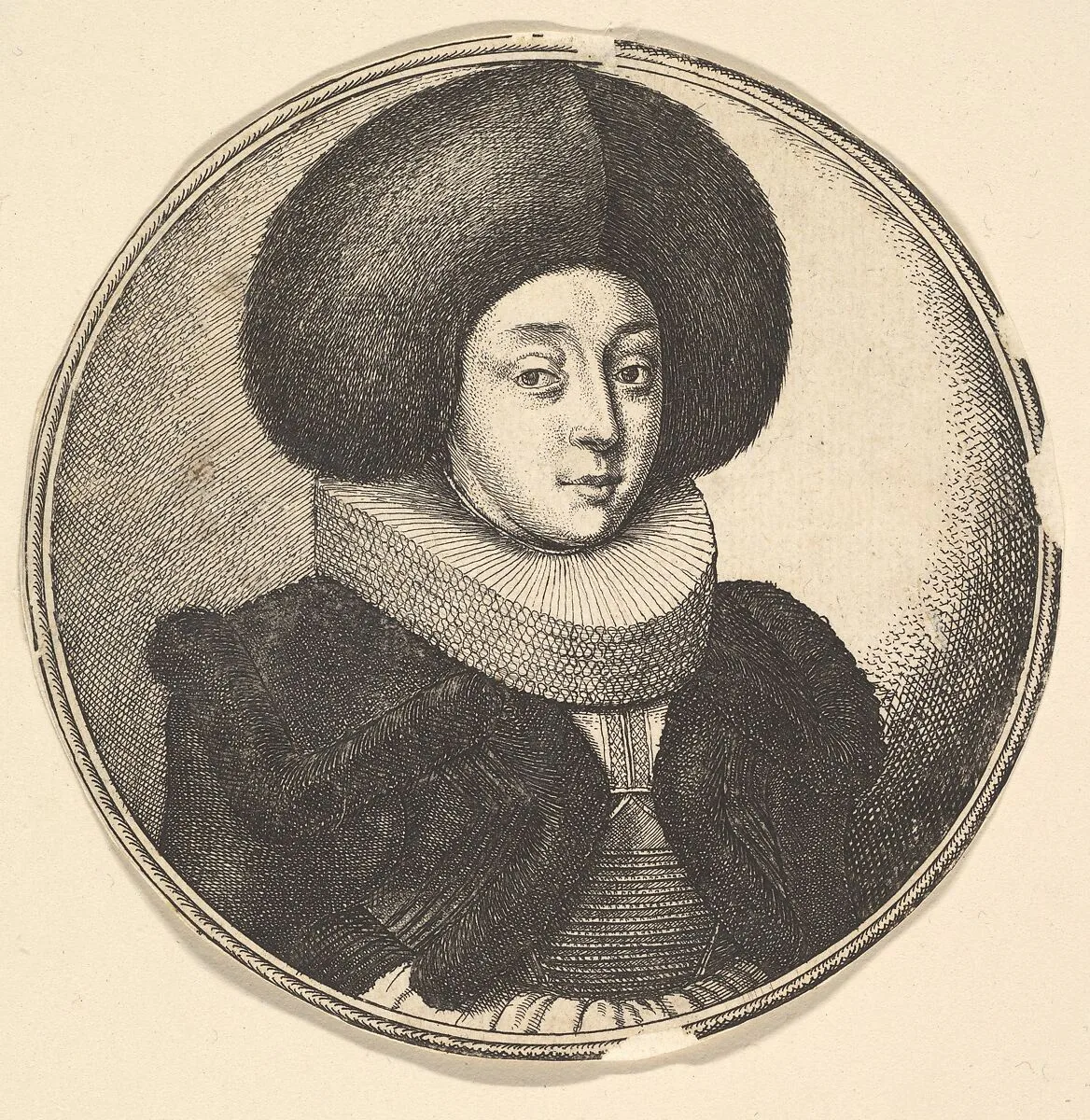 Woman with large circular fur hat and lace ruff — Wenceslaus Hollar