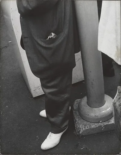 [Man in White Buck Shoes with Paper Bag in Suit Coat Pocket, New York]