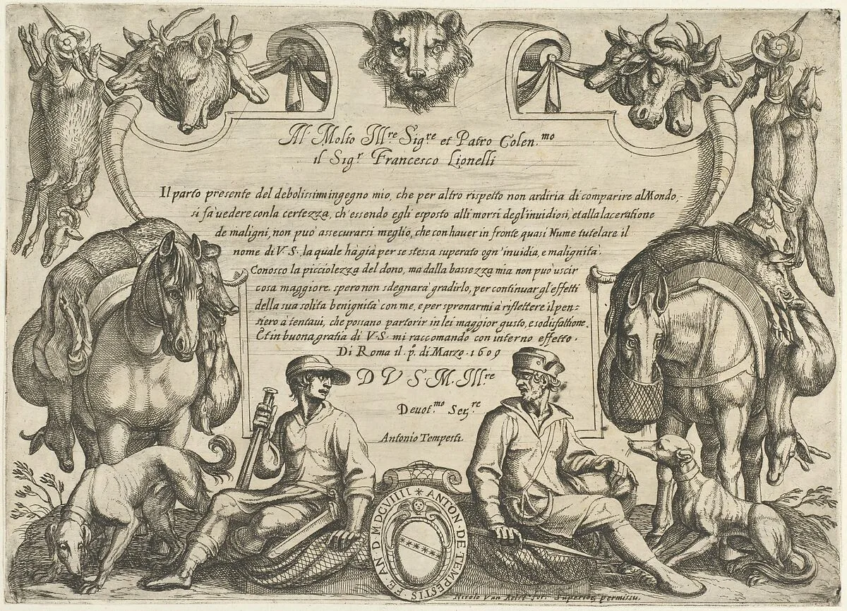 Frontispiece with Hunters, Dogs and Horses, from 'Hunting Scenes VI' — Nicolaus van Aelst|Antonio Tempesta