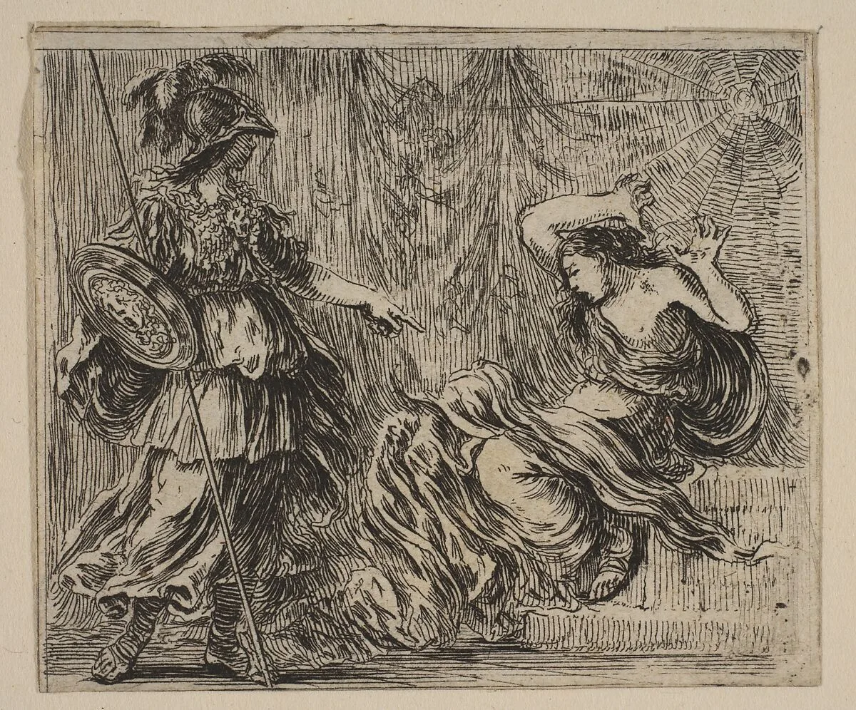 Pallas et Arachne, from 'Game of Mythology' (Jeu de la Mythologie) — Stefano della Bella|Jean Desmarets de Saint-Sorlin|Henri Le Gras|Louis XIV, King of France|Cardinal Jules Mazarin