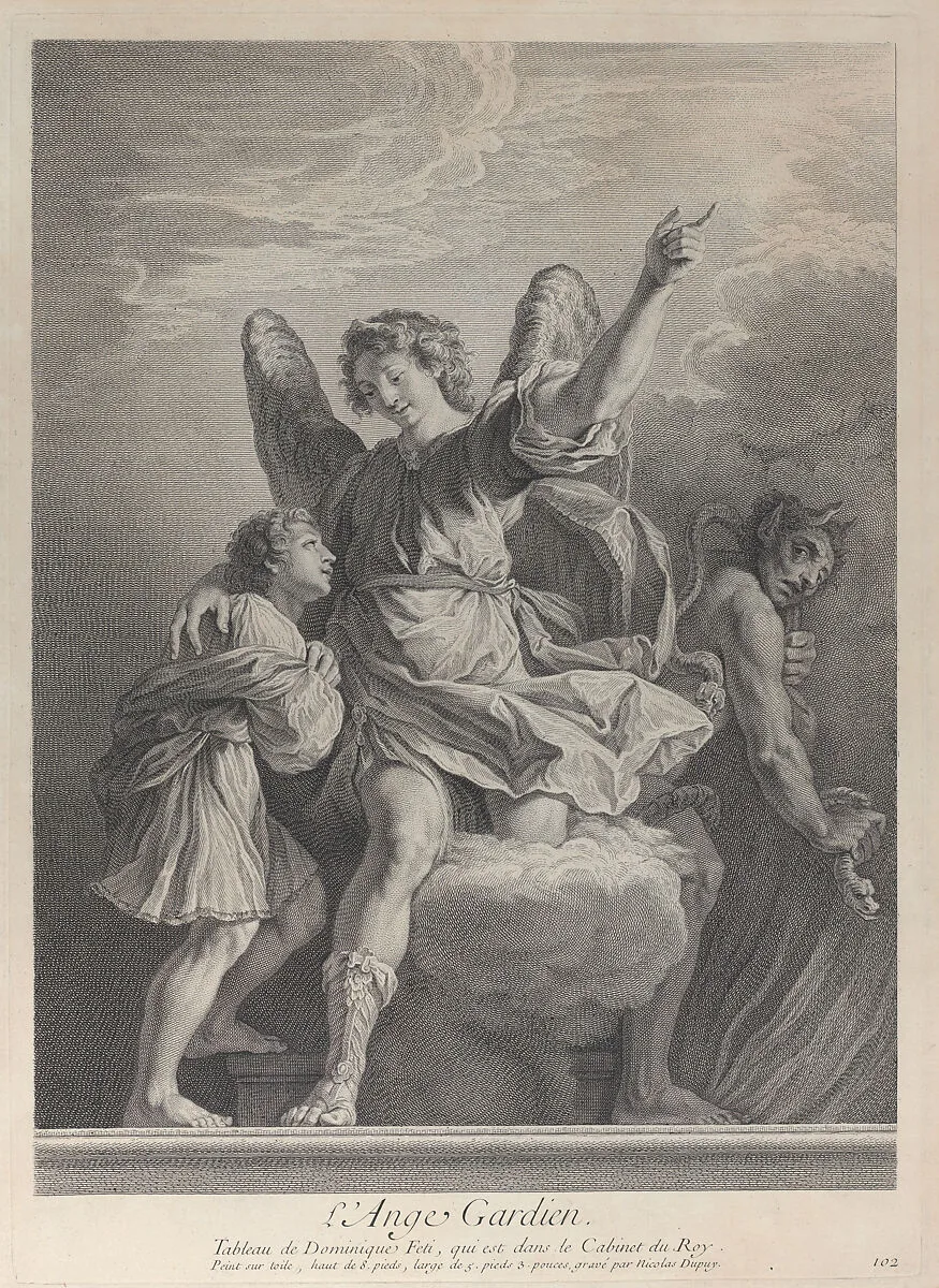The Guardian Angel, stepping off a cloud and putting his arm around a young boy at left while a demon walks away at right — Domenico Fetti|Nicolas Gabriel Dupuis
