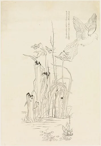 現代 謝稚柳 臨陳洪綬水仙飛禽畫稿 鏡片|Bird Study with Narcissus and Rock, after Chen Hongshou