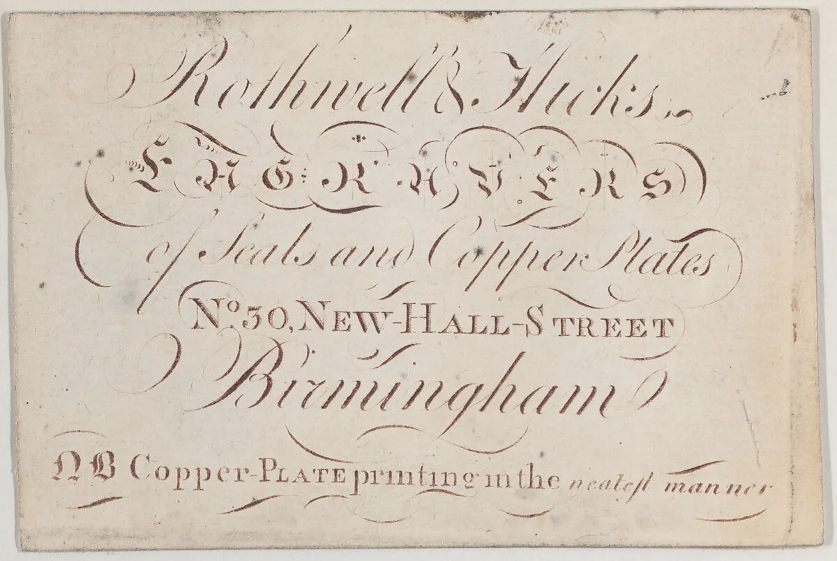 Trade Card for Rothwell & Hicks, engravers — Anonymous, British, 18th century