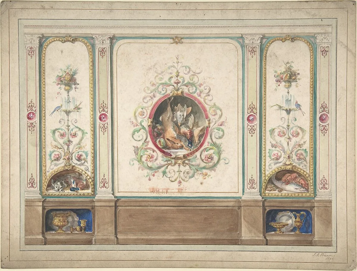 Design for Decorative Panels with Hunting Scenes Inset — J. S. Pearse