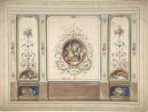 Design for Decorative Panels with Hunting Scenes Inset