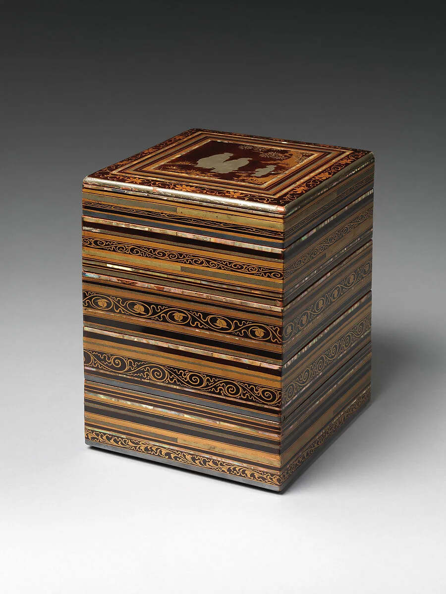 人物縞蒔絵螺鈿重箱|Food Box with Striped Decoration and Chinese Figures — Unknown
