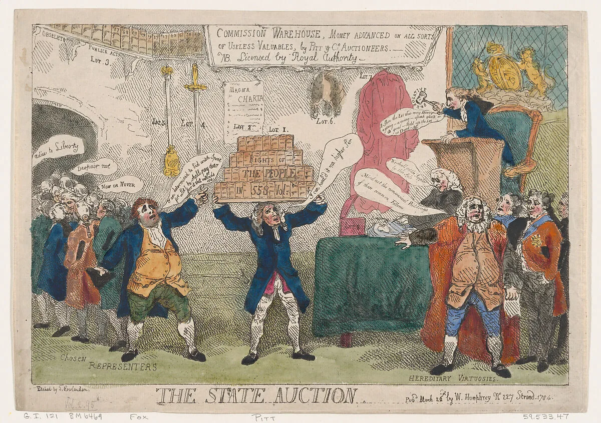 The State Auction — Edward Thurlow, 1st Baron Thurlow|Charles Wolfran Cornwall|Henry Dundas, 1st Viscount Melville|George III, King of Great Britain and Ireland|Charles James Fox|William Pitt|Thomas Rowlandson|William Humphrey