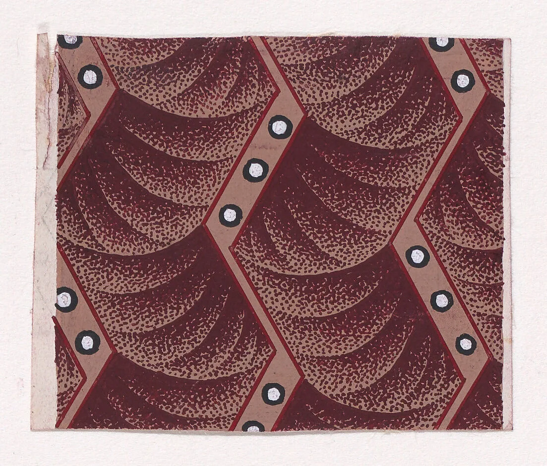 Textile Design with Vertical Strips of Zig-Zagging Ribbons Decorated with Pearls over a Background of Overlapping Scales — Anonymous, Alsatian, 19th century