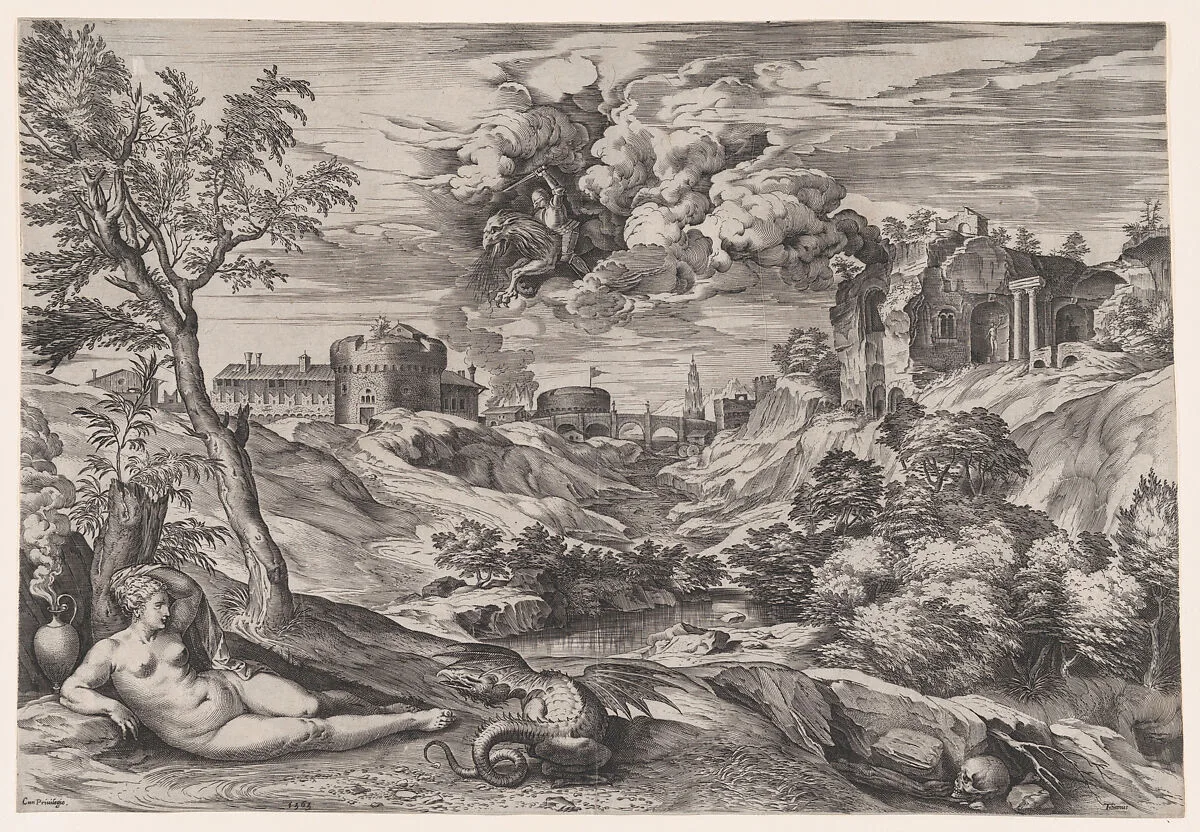 Ruggiero Rescuing Angelica — Cornelis Cort|Titian (Tiziano Vecellio)