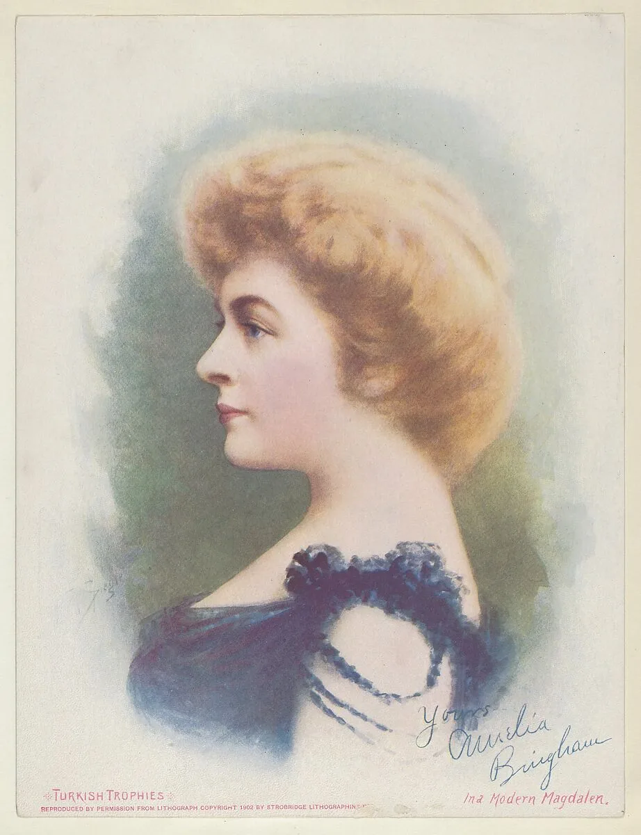 Amelia Brigham in A Modern Magdalen, from the Actresses series (T1), distributed by the American Tobacco Co. to promote Turkish Trophies Cigarettes — American Tobacco Company|Frederick Moladore Spiegle|Strobridge Lithographing Company