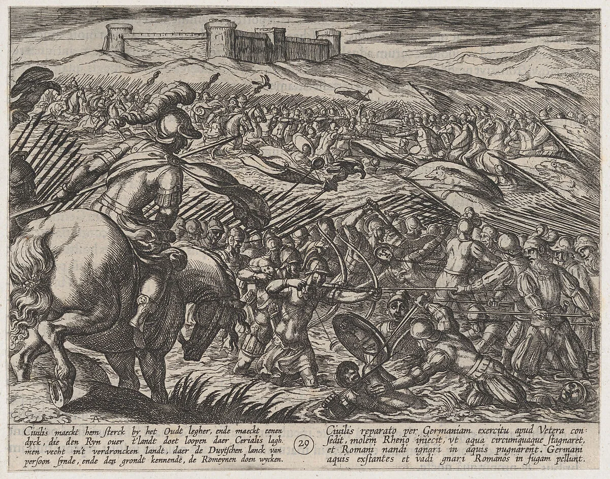 Plate 29: Civilis Floods the Land by Defensively Breaking the Dikes, from The War of the Romans Against the Batavians (Romanorvm et Batavorvm societas) — Antonio Tempesta|Otto van Veen