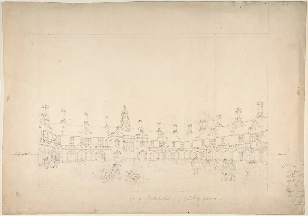 View of a Courtyard Surrounded by Buildings in Gothic Style with Central Clock Tower — Anonymous, British, 19th century