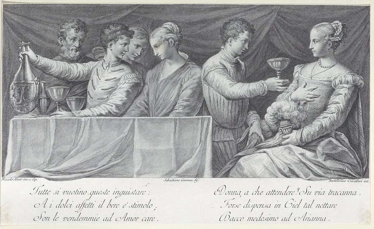 A group of elegantly dressed people drinking — Sebastiano Gamma|Bartolomeo Crivellari|Nicolo Dell'Abbate